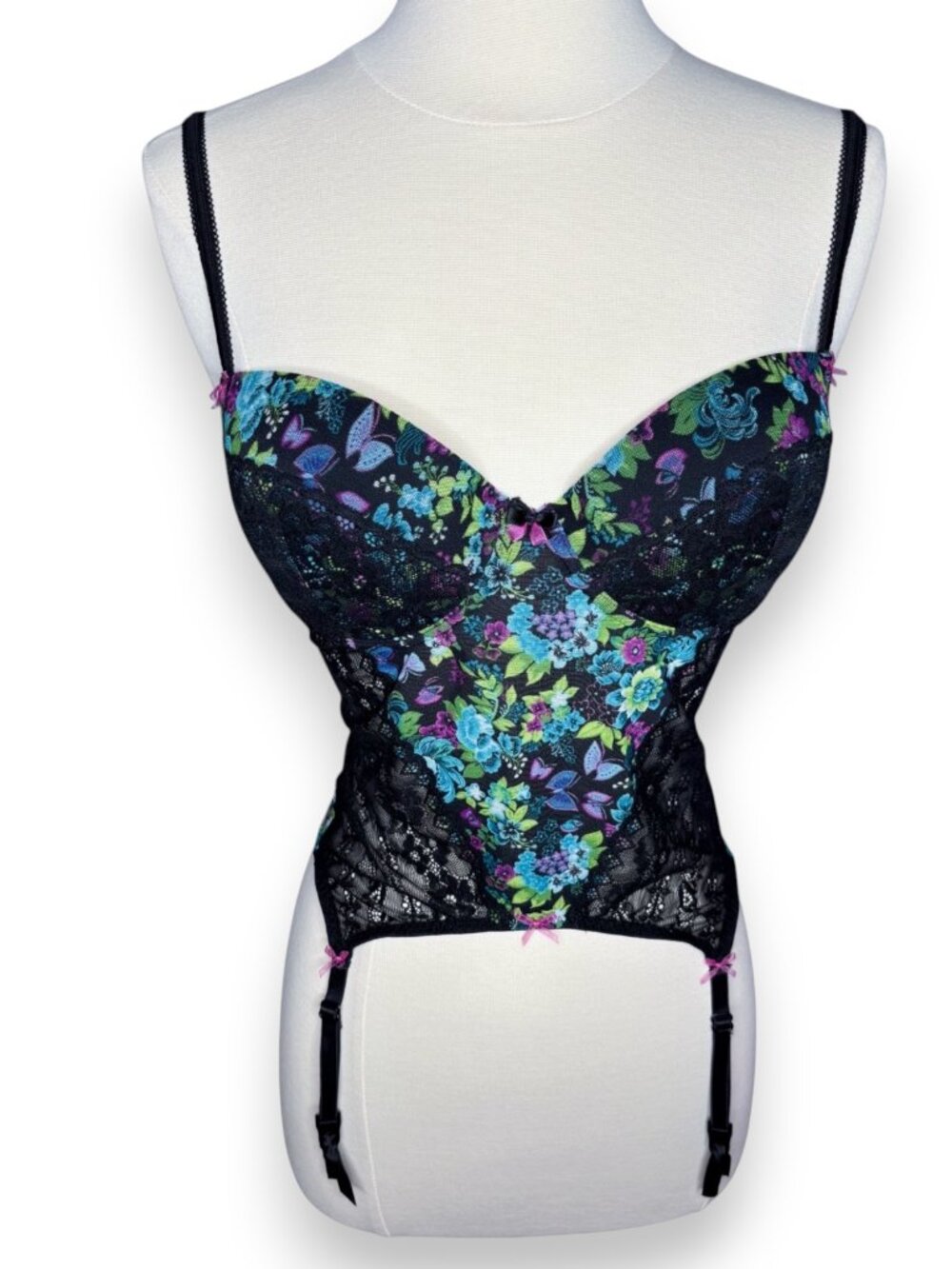 Betsey Johnson Intimates Floral Mesh Lace Bustier Corset Top Garter Straps 34C